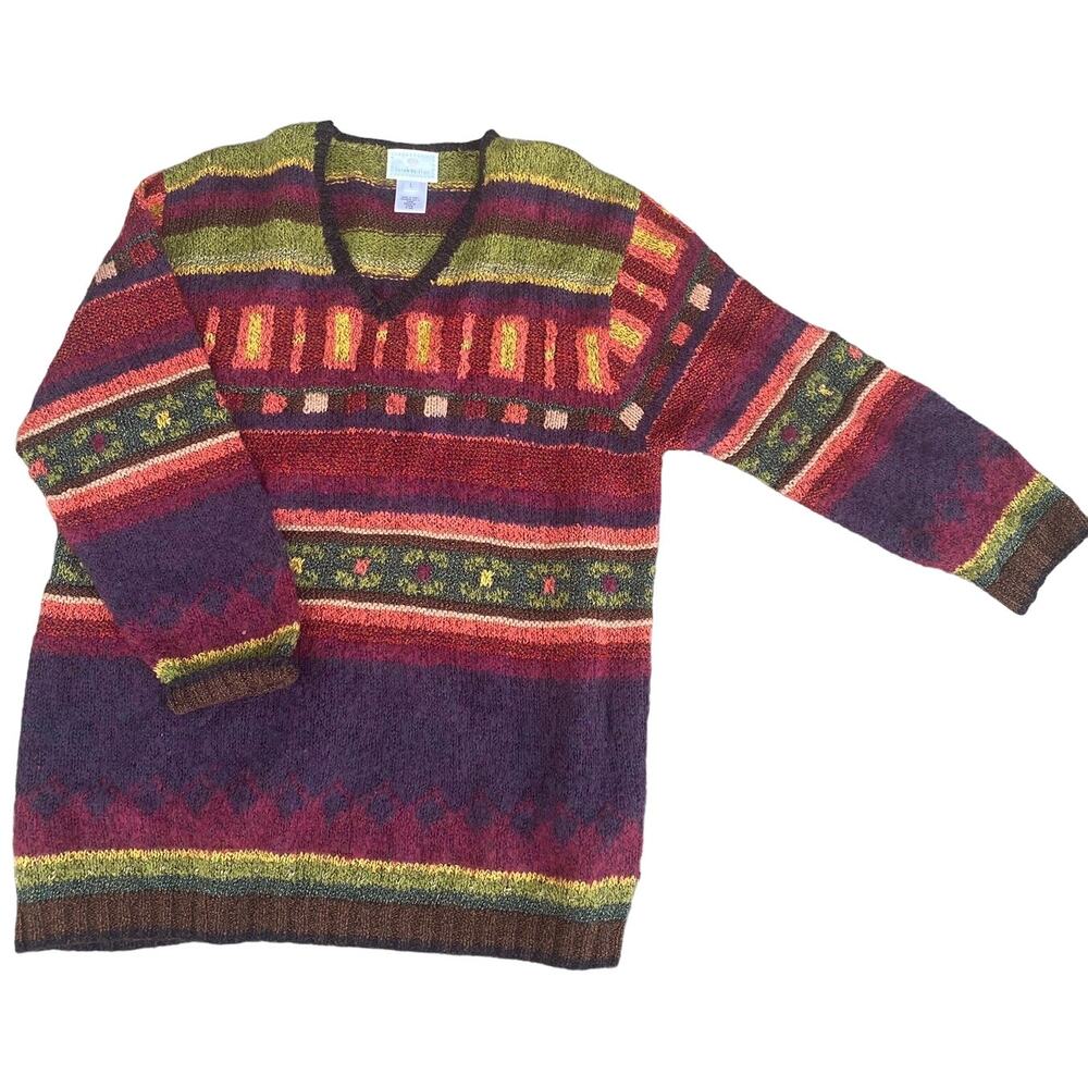 Vintage 80s 90s Susan Bristol  women Large V Neck Patterned Sweater pullover